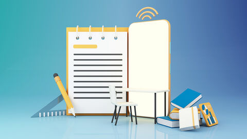 Coulage von Büchern, Möbelstücken, Klemmbrett und Handy