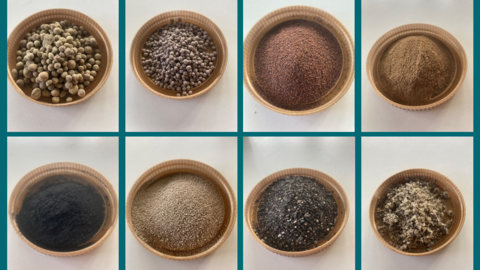 Acht unterschiedliche Rezyklate in kleinen Schüsselchen