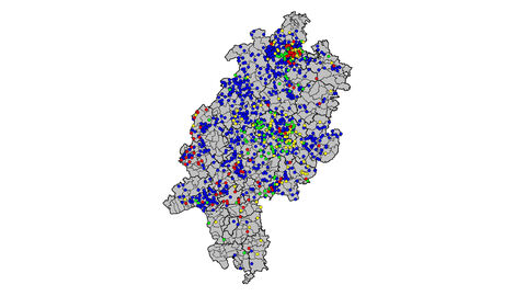 Eine Landkarte von Hessen zeigt die Verteilung der positiven Staupe-Ergebnisse über die Jahre 2014-2022. Nähere Informationen dazu erhalten Sie via vetab@lhl.hessen.de