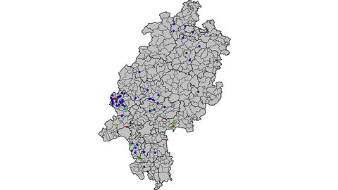 Geographische Verteilung von RHDV-2 Nachweisen bei Wildtieren in Hessen über die Jahre 2015-2023  Geographische Verteilung von RHDV-2 Nachweisen bei Wildtieren in Hessen über die Jahre 2015-2023 Kontakt: vetabt@lhl.hessen.de
