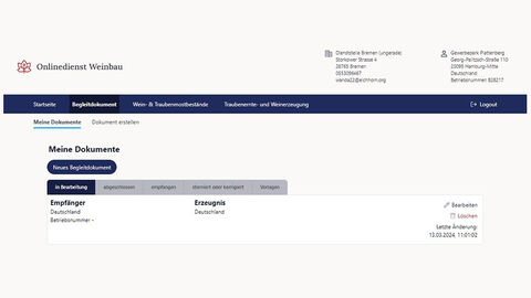 Beispielhafte Ansicht der Nutzeroberfläche auf der Website "Onlinedienst Weinbau". Zu sehen: Die Ablage der erstellten Weinbegleitdokumente.