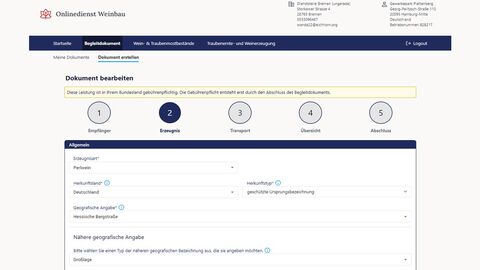 Beispielhafte Ansicht der Nutzeroberfläche auf der Website "Onlinedienst Weinbau". Zu sehen: Die Eingabe der Daten zum Erzeugnis (z.B. Erzeugnisart, Herkunftsland, Herkunftstyp und geografische Angabe) in eine Maske.