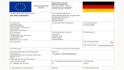 Beispielhafte Ansicht der Nutzeroberfläche auf der Website "Onlinedienst Weinbau". Zu sehen: Erstelltes Begleitdokument als PDF-Datei.