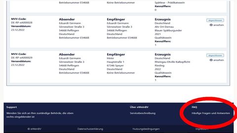 Nutzeroberfläche "Onlinedienst Weinbau" Beispielhafte Ansicht der Nutzeroberfläche auf der Website: Rot eingekreist am Ende der Website rechts unten gibt es die Möglichkeit in die FAQs zu blicken.