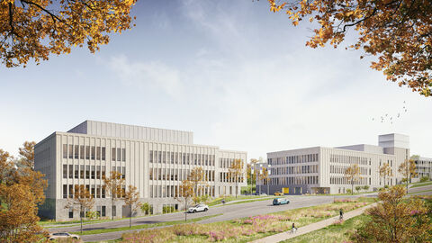 Visualisierung Labore KS - Quelle kister scheithauer gross architekten und stadtplaner GmbH_-_Rendertaxi Architektenbild mit den zwei neuen Gebäuden, die im Druseltal für das Landeslabor und andere Nutzer entstehen