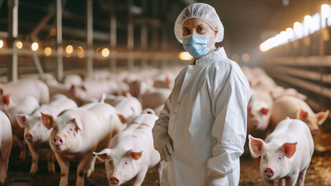 Eine Frau in weißem Kittel mit Haube und Schutzmaske steht in einem Stall vor einer größeren Gruppe von Schweinen. Die Frau schaut in die Kamera.