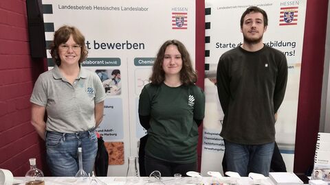 Drei Auszubildene stehen vor Rolls-Up-Displays und hinter einem Tisch.