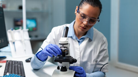 Eine Frau sitzt an einem Mikroskop und schaut auf Untersuchungsmaterial