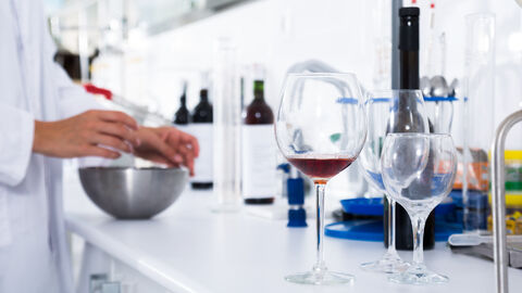 Auf einem Labortisch steht ein mit Rotwein halb gefülltes Weinglas, im Hintergrund führt eine Person im weißen Kittel einen Versuch durch.