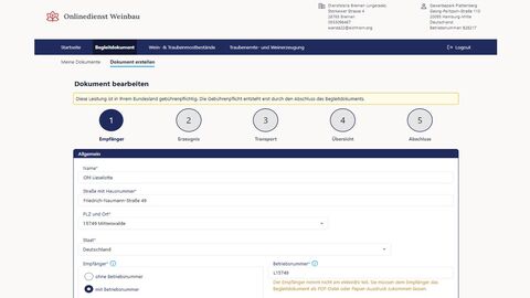 Beispielhafte Ansicht der Nutzeroberfläche auf der Website "Onlinedienst Weinbau". Zu sehen: Die Eingabe der Daten des Empfängers des Begleitdokuments in eine Maske.