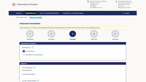 Beispielhafte Ansicht der Nutzeroberfläche auf der Website "Onlinedienst Weinbau". Zu sehen: Die Eingabe der Daten zum Transport des Erzeugnisses (z.B. Verladeort, KFZ-Kennzeichen, Name des Beförderers, Art des Transportmittels) in eine Maske.
