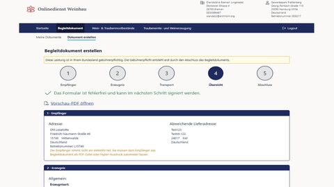 Beispielhafte Ansicht der Nutzeroberfläche auf der Website "Onlinedienst Weinbau". Zu sehen: Übersicht über die eingegebenen Daten für das zu erstellende Begleitdokuments.