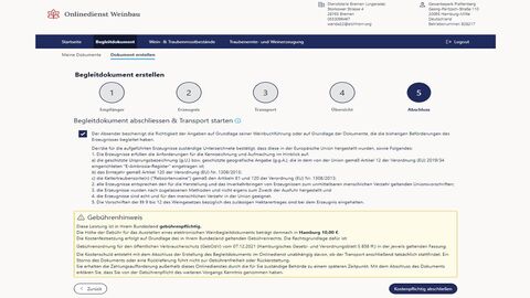 Beispielhafte Ansicht der Nutzeroberfläche auf der Website "Onlinedienst Weinbau". Zu sehen: Die Bestätigung der Richtigkeit der Daten durch den Empfänger des Begleitdokuments, sowie ein Gebührenhinweis.