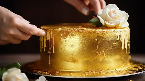 Ein Kuchen mit goldfarbenen Überzug. Es sind zwei Hände zu sehen, von der eine Hand ein Streichwerkzeug hält mit der die Goldfolie aufgetragen wird. Die Torte ist zusätzlich mit einer weißen Rosen verziert.