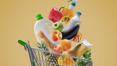 Einkaufswagen gefüllt mit Obst, Gemüse, Getränke und Putzmittel