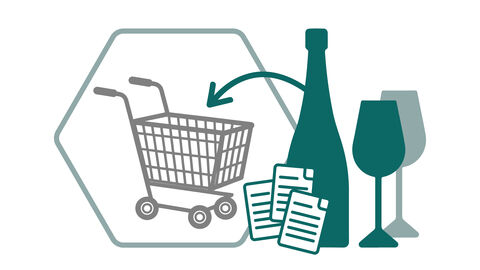 Ein Einkaufswagen mit einer Weinflasche und zwei Weingläsern. Vor der Flasche stehen drei Dokumente.