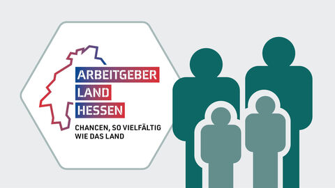Eine Familie als Grafik Icons dargestellt, im Vordergrund ein Logo mit dem Gütesiegel Familienfreundlicher Arbeitgeber Land Hessen